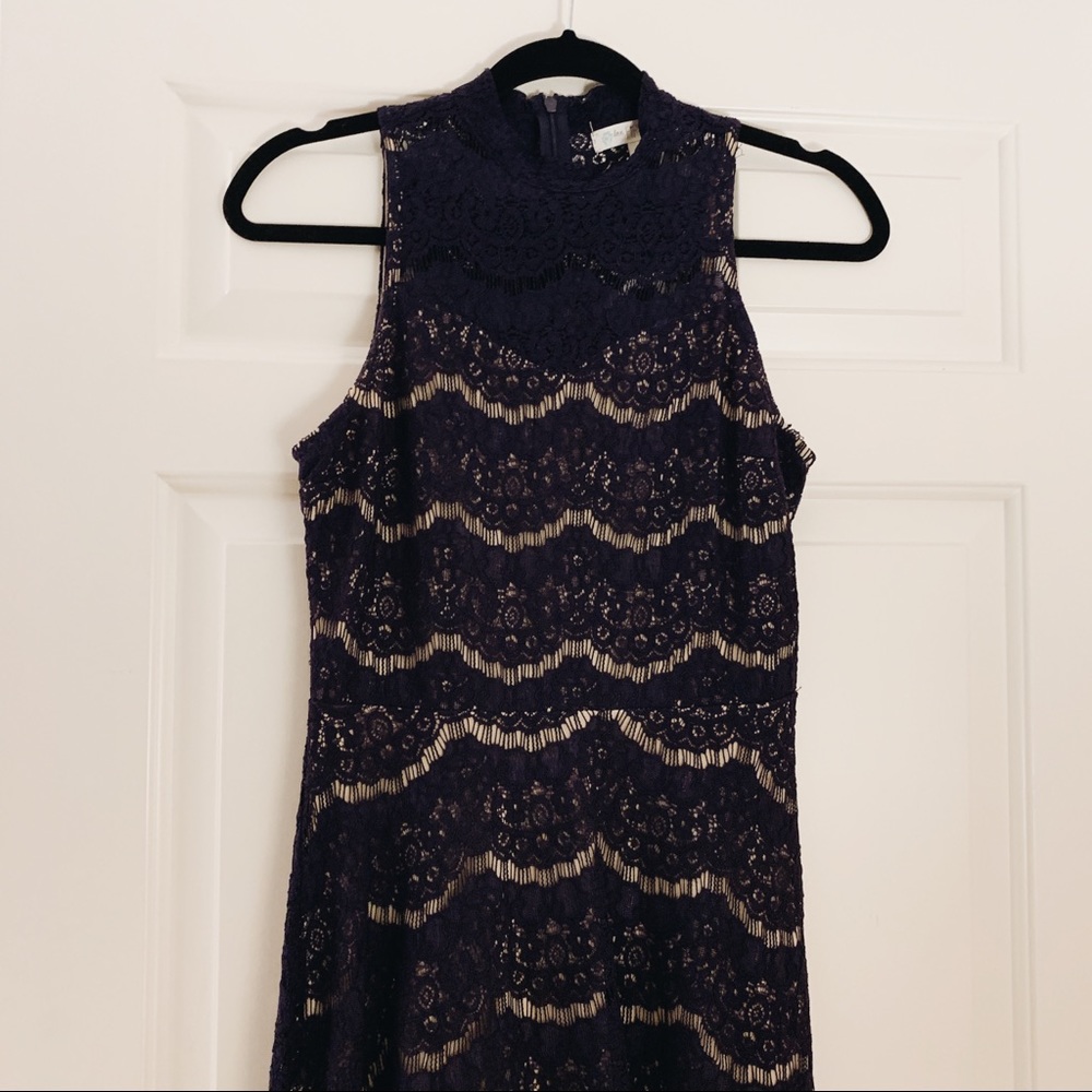 Navy Blue Mock Neck Lace Midi Dress